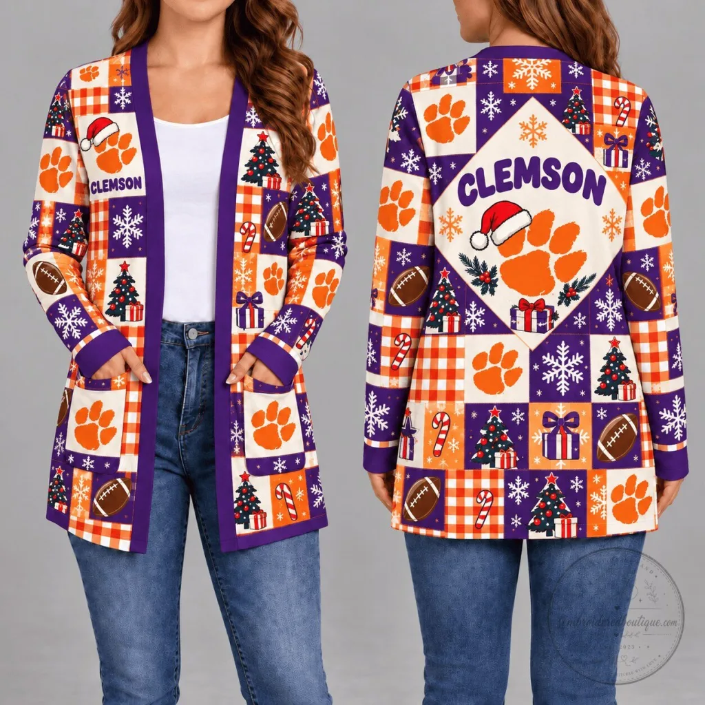 Clemson Tigers Christmas Holiday Plaid Women's Long Sleeve Cardigan Clemson Tigers Christmas Holiday Plaid Women's Long Sleeve Cardigan