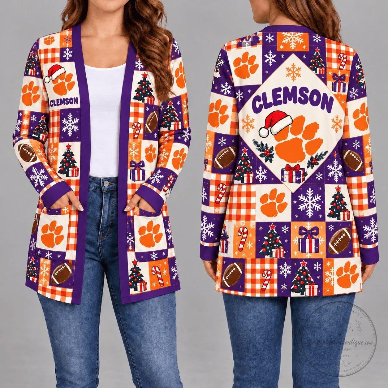Clemson Tigers Christmas Holiday Plaid Women's Long Sleeve Cardigan