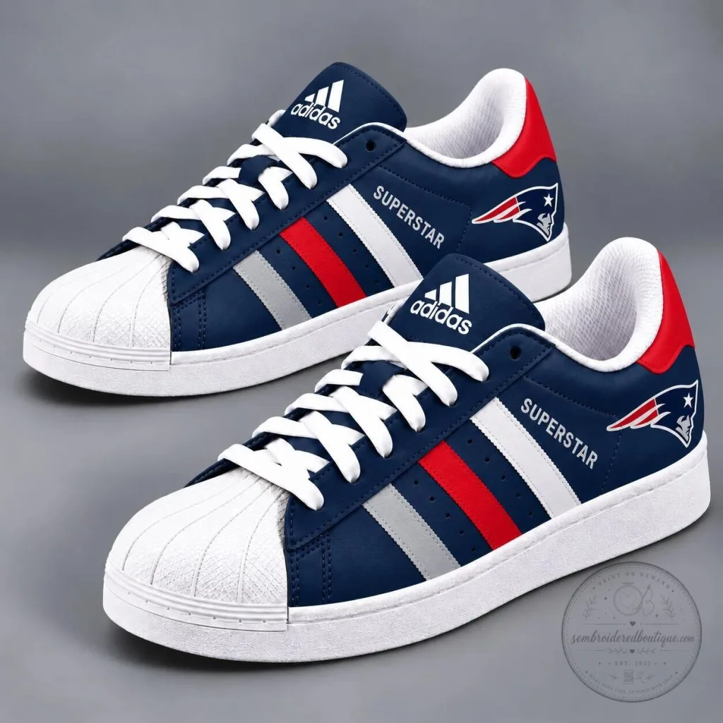 New England Patriots NFL Team Logo Blue Red White Superstar Shoes 14 New England Patriots NFL Team Logo Blue Red White Superstar Shoes