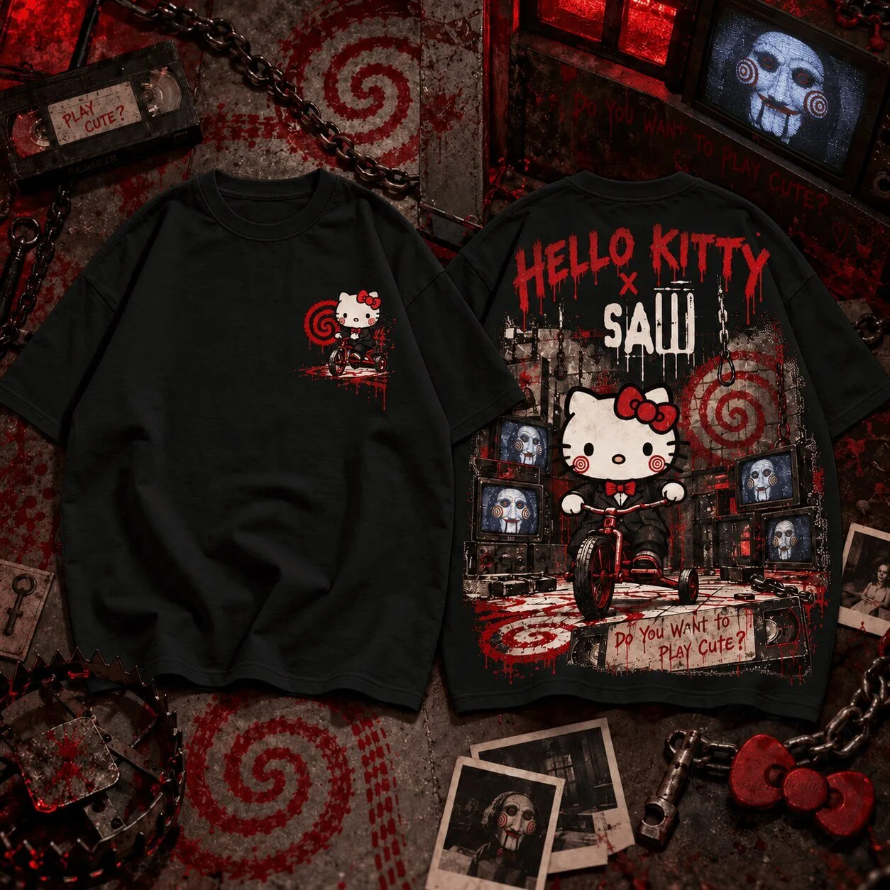Hello Kitty x Saw Jigsaw Billy The Puppet Horror Movie Black T-Shirt