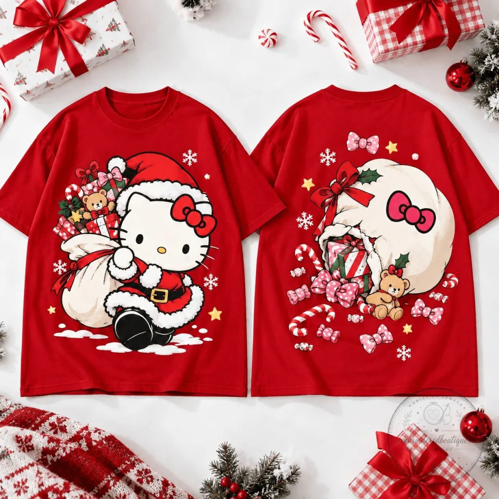 Hello Kitty Santa's Secret Gift Sack Christmas T-Shirt 10 Hello Kitty Santa's Secret Gift Sack Christmas T-Shirt