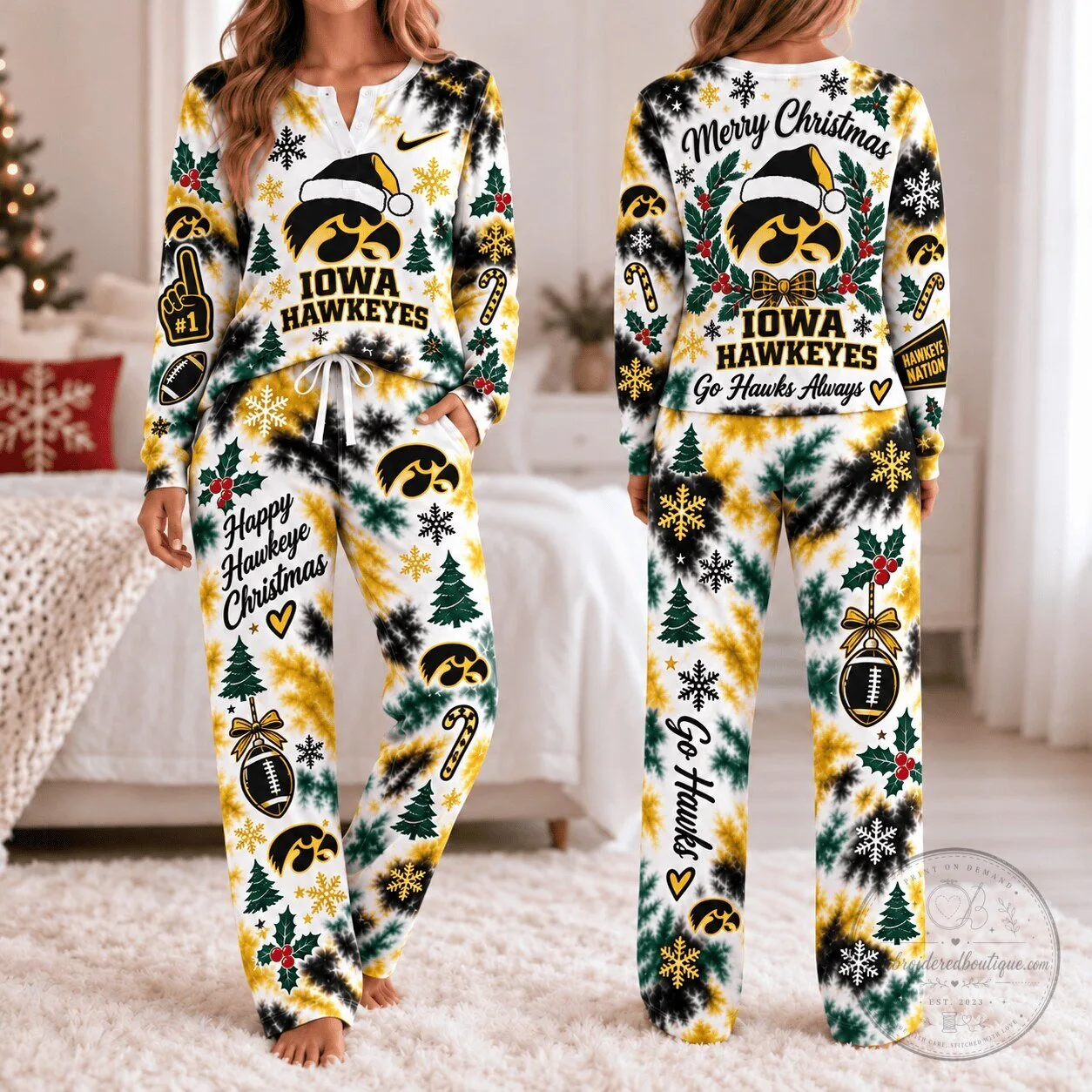 Iowa Hawkeyes Christmas Tie-Dye Pajamas Set 2 Iowa Hawkeyes Christmas Tie-Dye Pajamas Set