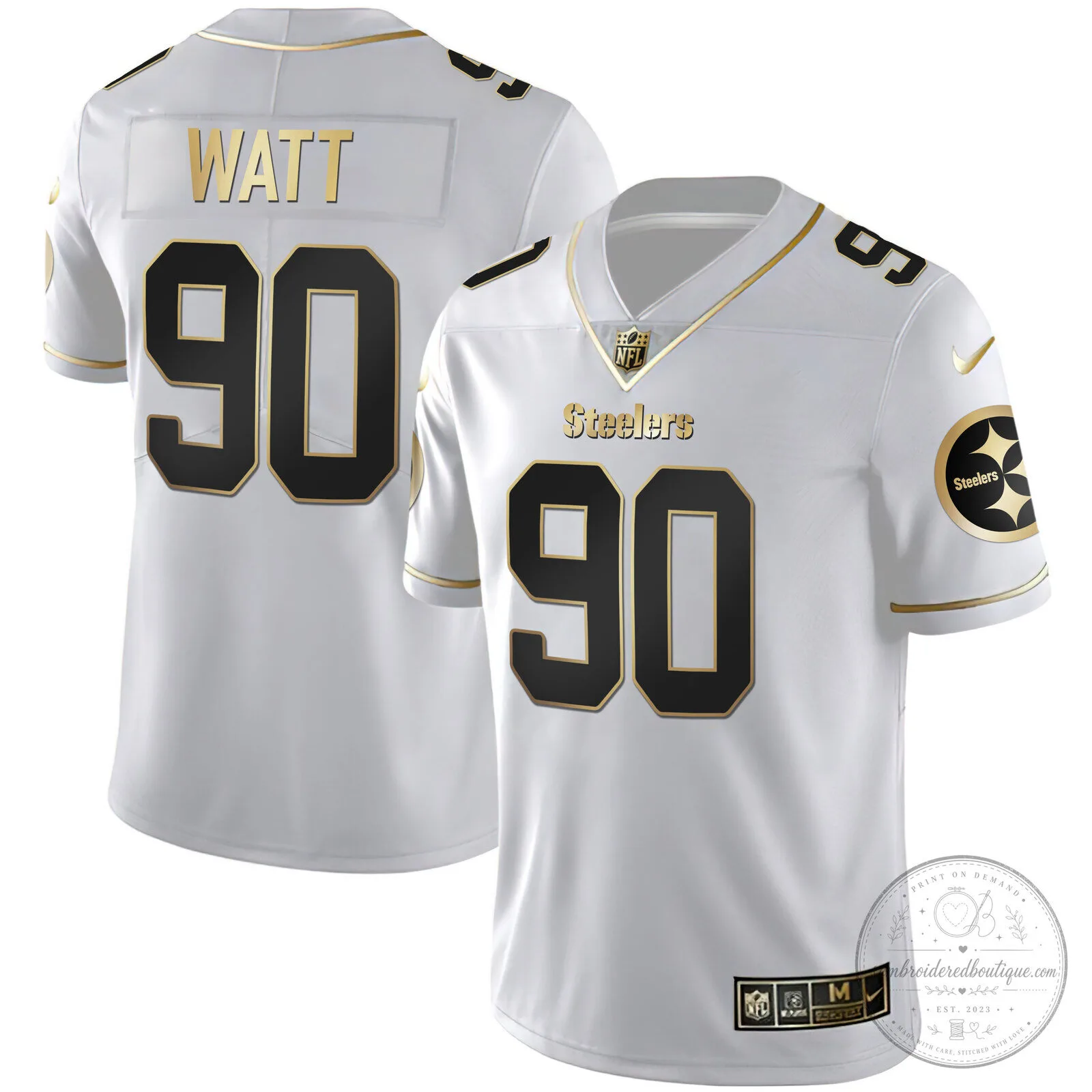 Pittsburgh Steelers T.J. Watt White Gold Number 90 American Football Jersey