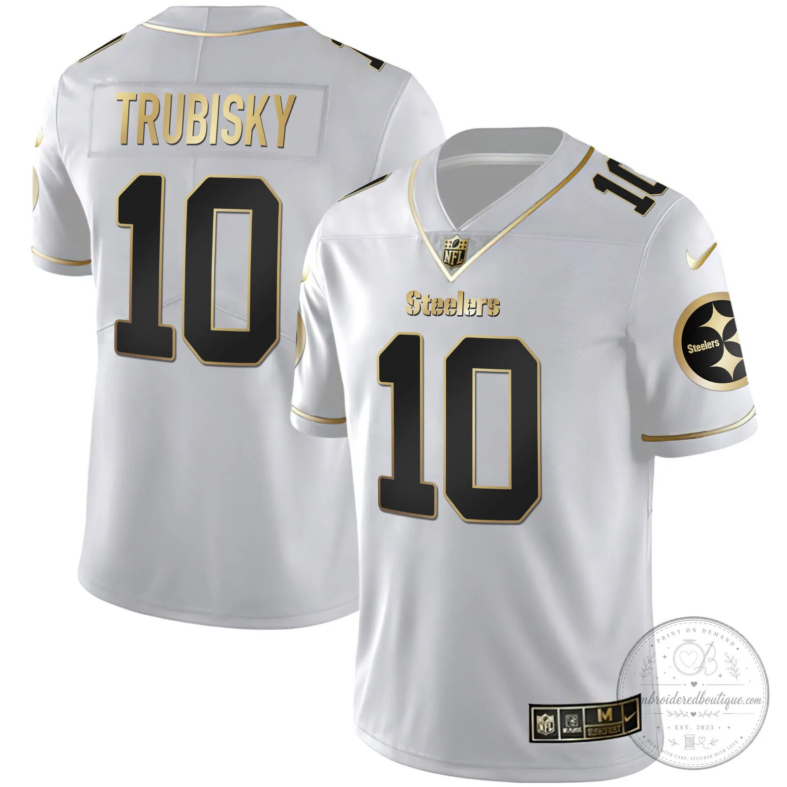 Pittsburgh Steelers T.J. Watt White Gold Number 90 American Football Jersey 57 Pittsburgh Steelers T.J. Watt White Gold Number 90 American Football Jersey
