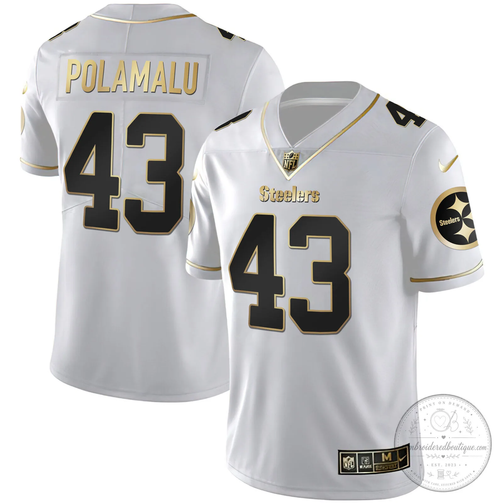 Pittsburgh Steelers T.J. Watt White Gold Number 90 American Football Jersey 58 Pittsburgh Steelers T.J. Watt White Gold Number 90 American Football Jersey