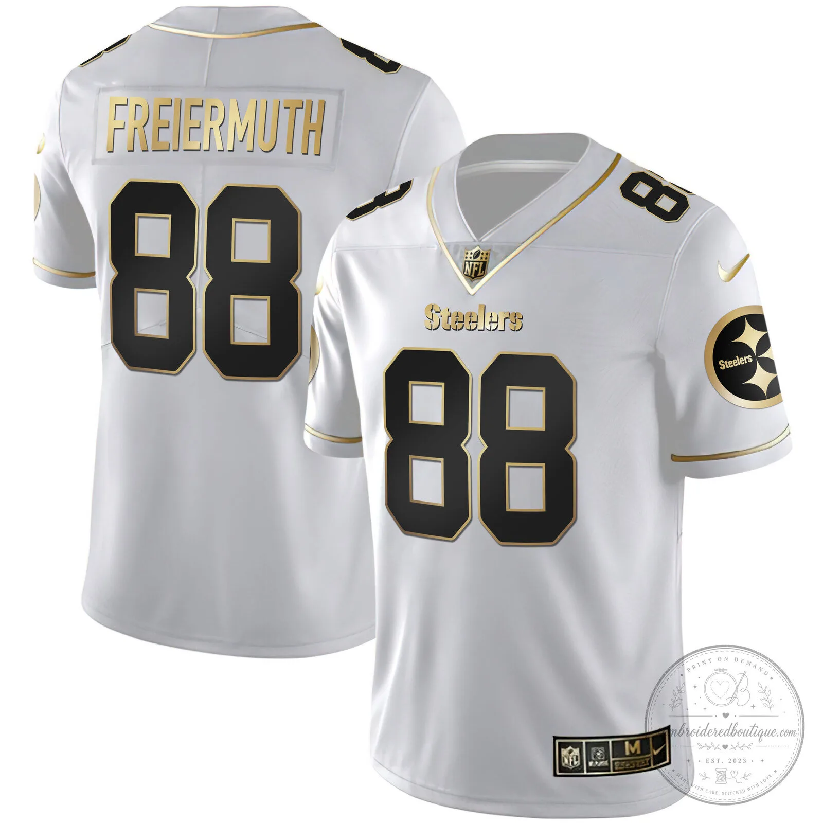 Pittsburgh Steelers T.J. Watt White Gold Number 90 American Football Jersey 59 Pittsburgh Steelers T.J. Watt White Gold Number 90 American Football Jersey