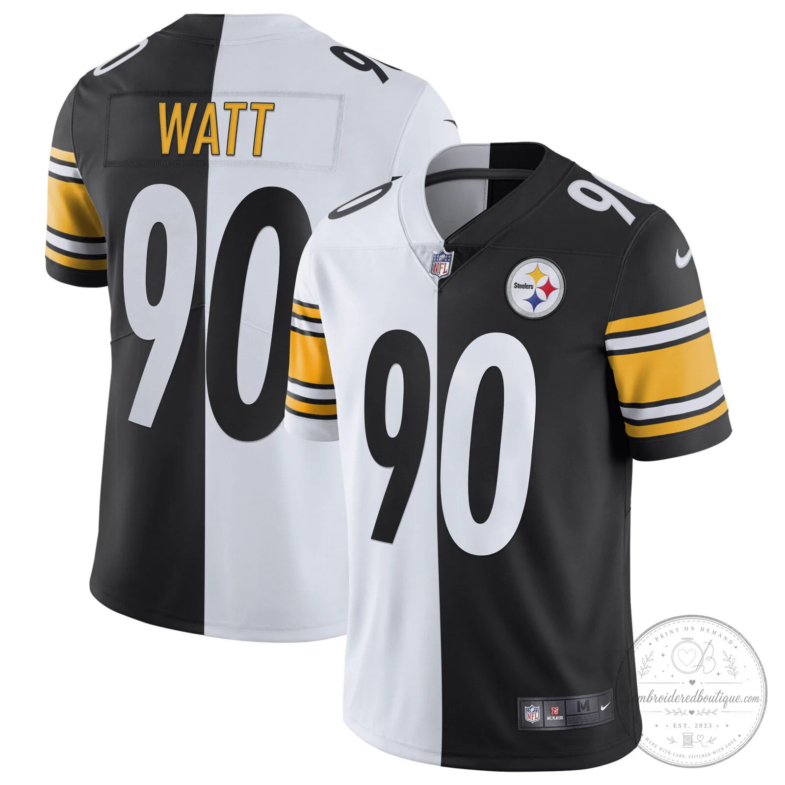 Pittsburgh Steelers T.J. Watt White Gold Number 90 American Football Jersey 68 Pittsburgh Steelers T.J. Watt White Gold Number 90 American Football Jersey