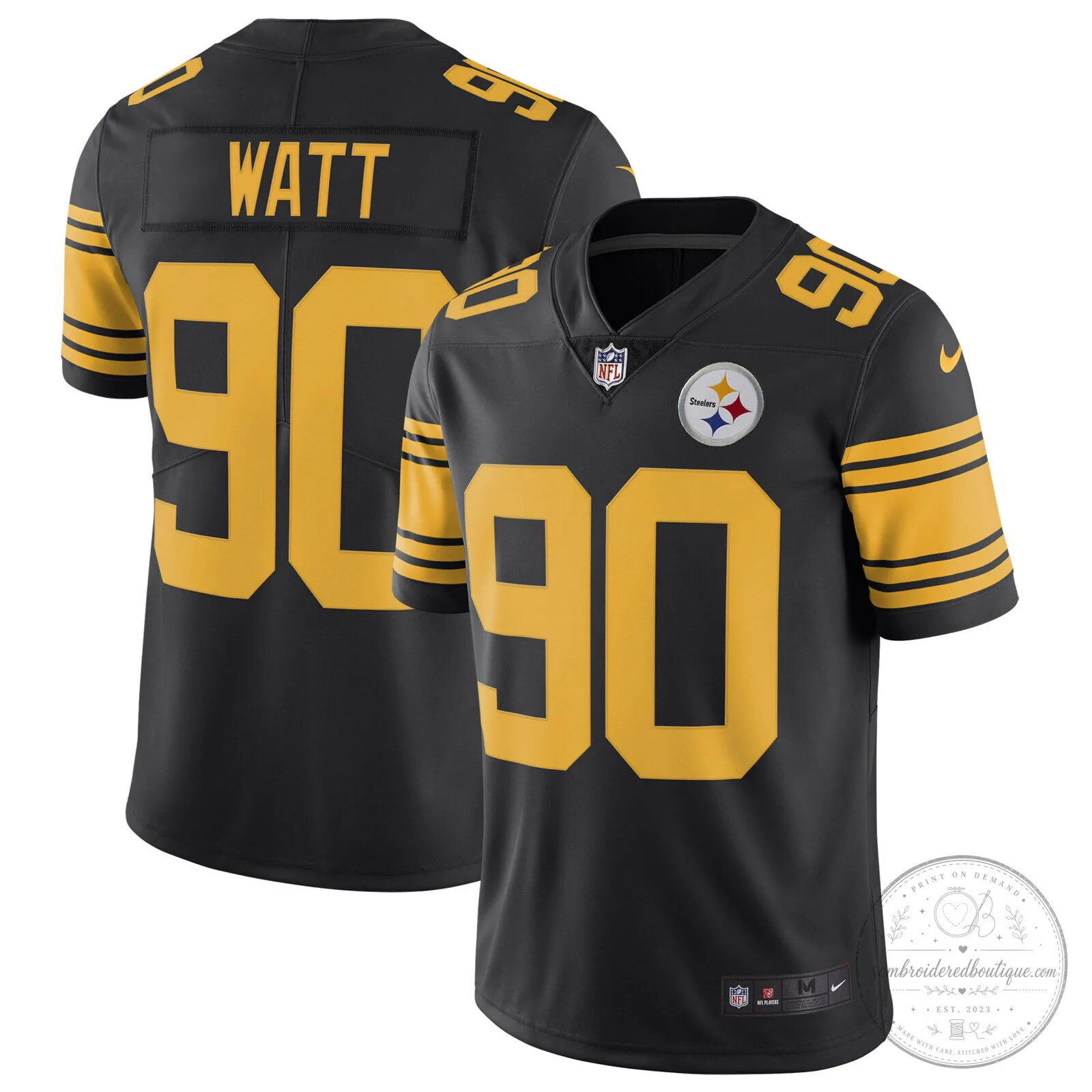 Pittsburgh Steelers T.J. Watt White Gold Number 90 American Football Jersey 76 Pittsburgh Steelers T.J. Watt White Gold Number 90 American Football Jersey