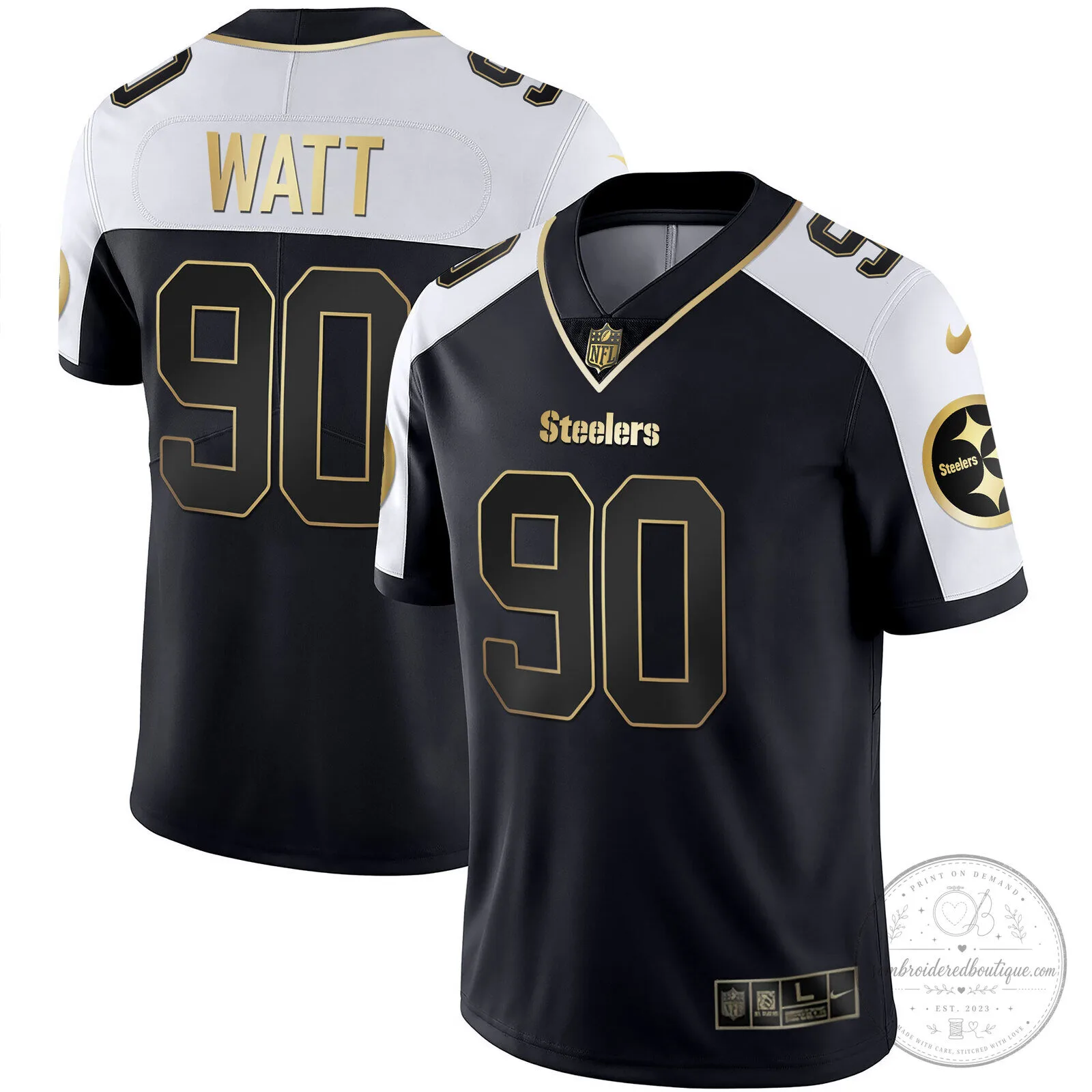 Pittsburgh Steelers T.J. Watt White Gold Number 90 American Football Jersey 84 Pittsburgh Steelers T.J. Watt White Gold Number 90 American Football Jersey