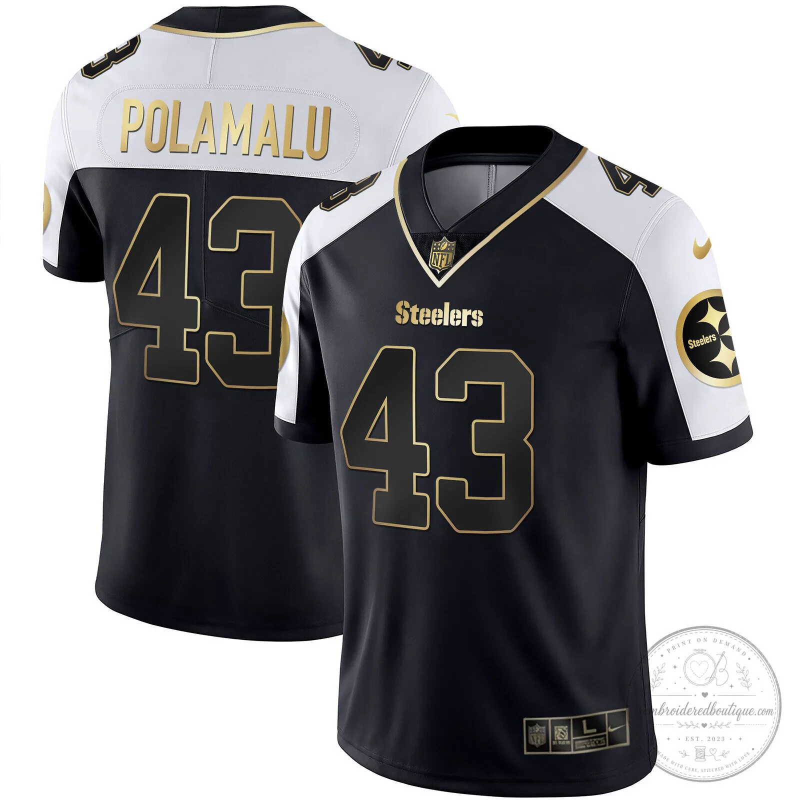 Pittsburgh Steelers T.J. Watt White Gold Number 90 American Football Jersey 90 Pittsburgh Steelers T.J. Watt White Gold Number 90 American Football Jersey