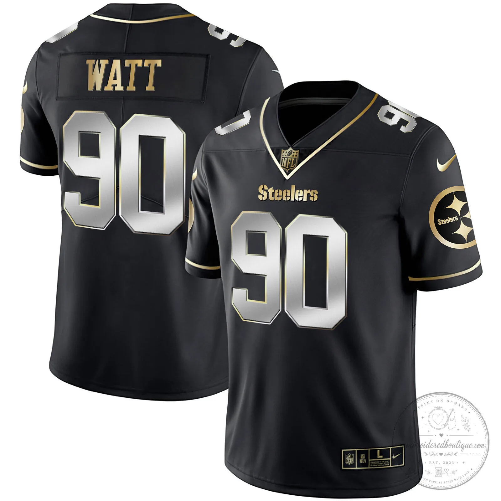 Pittsburgh Steelers T.J. Watt White Gold Number 90 American Football Jersey 92 Pittsburgh Steelers T.J. Watt White Gold Number 90 American Football Jersey