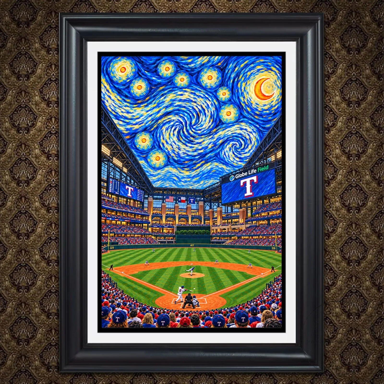 Texas Rangers Globe Life Field Van Gogh Style Starry Night Baseball Stadium Wall Art