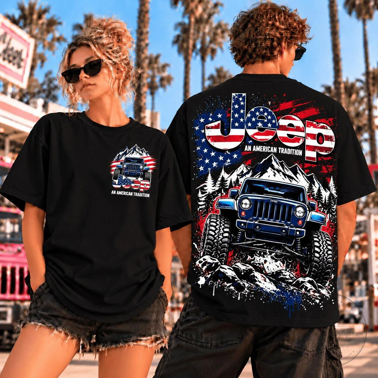 Jeep American Flag Offroad Adventure Vehicles Graphic Black T-Shirt