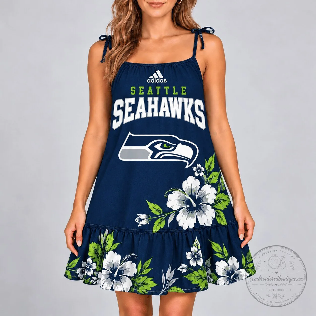 Seattle Seahawks Football Team Hibiscus Floral Pattern Ruffle Sundress 1 Seattle Seahawks Football Team Hibiscus Floral Pattern Ruffle Sundress