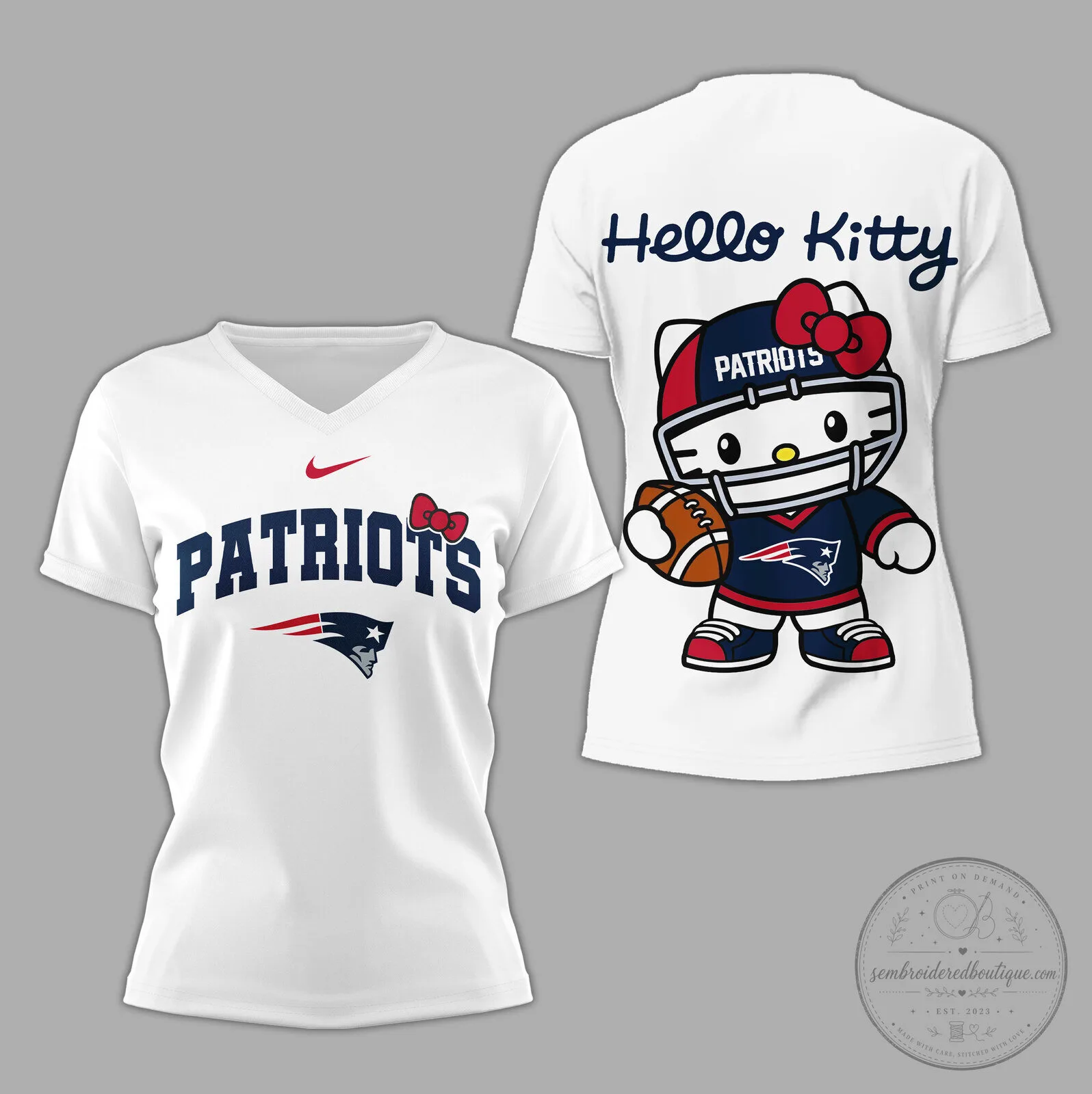 New England Patriots Hello Kitty Football Fan Women's V-Neck T-Shirt
