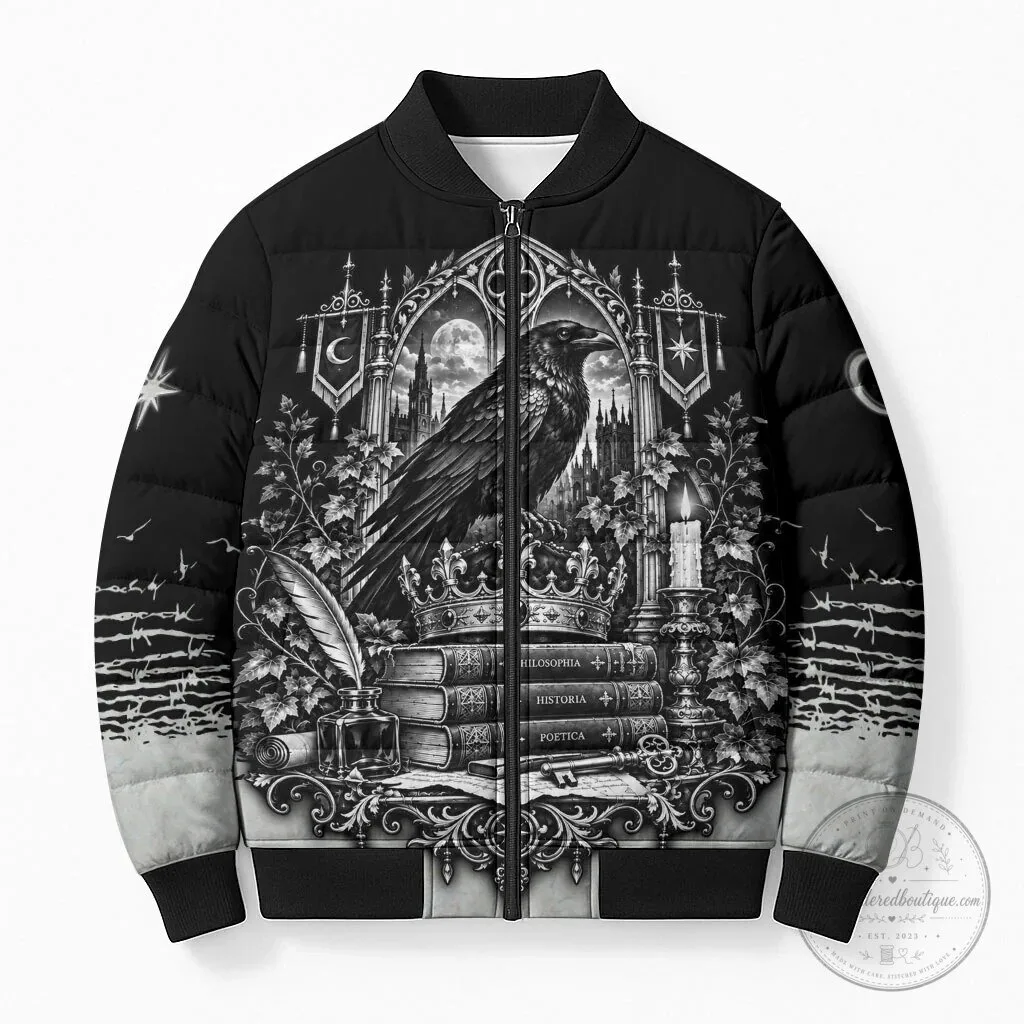 Gothic Literature-Inspired Vintage Bomber Jacket with Raven Design for Dark Academia Aesthetic