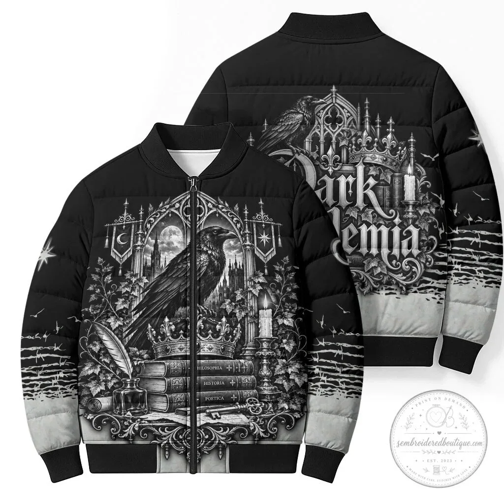 Gothic Literature-Inspired Vintage Bomber Jacket with Raven Design for Dark Academia Aesthetic 11 Gothic Literature-Inspired Vintage Bomber Jacket with Raven Design for Dark Academia Aesthetic