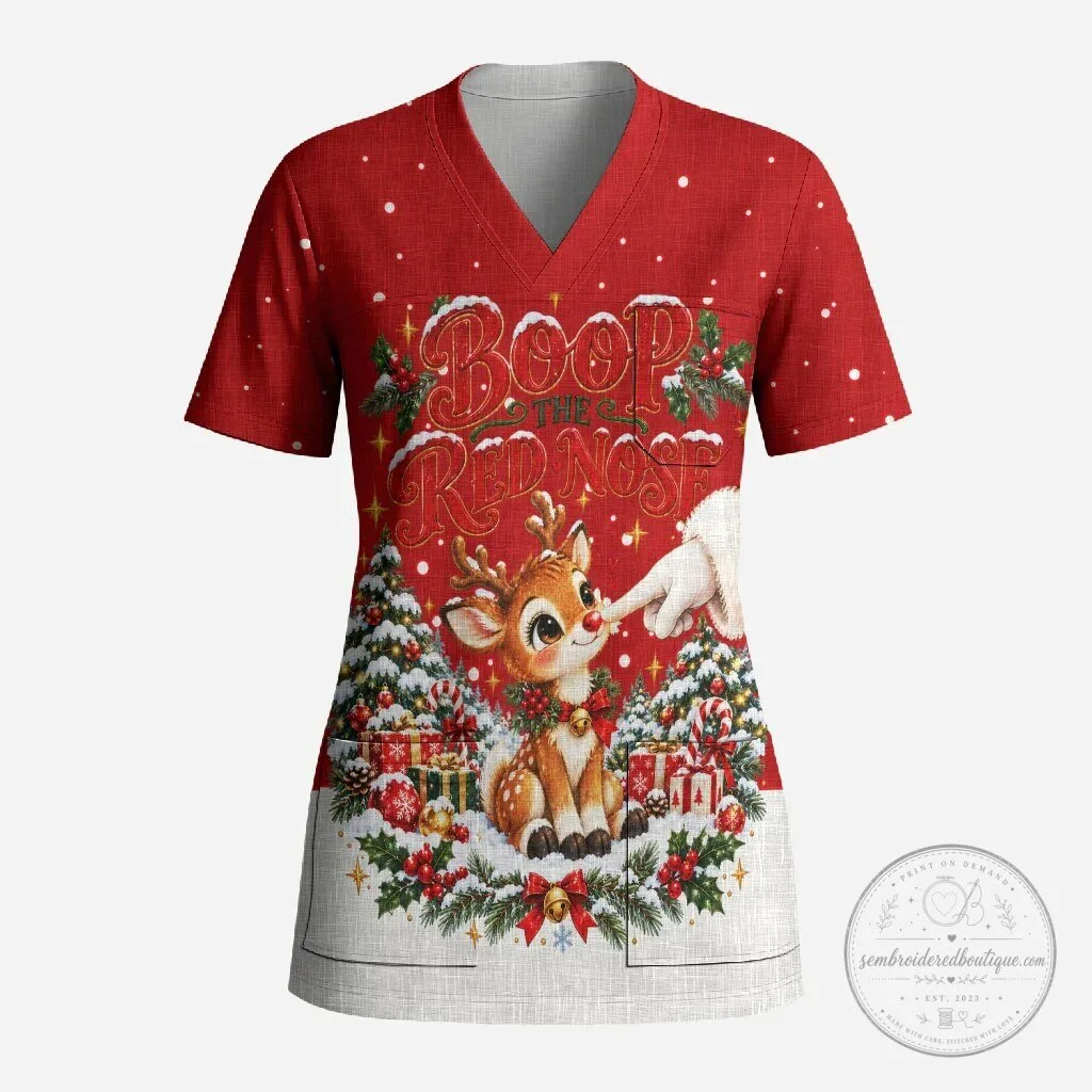 Cute Reindeer Boop The Red Nose Christmas Scrub Top Festive Vintage Winter Snow