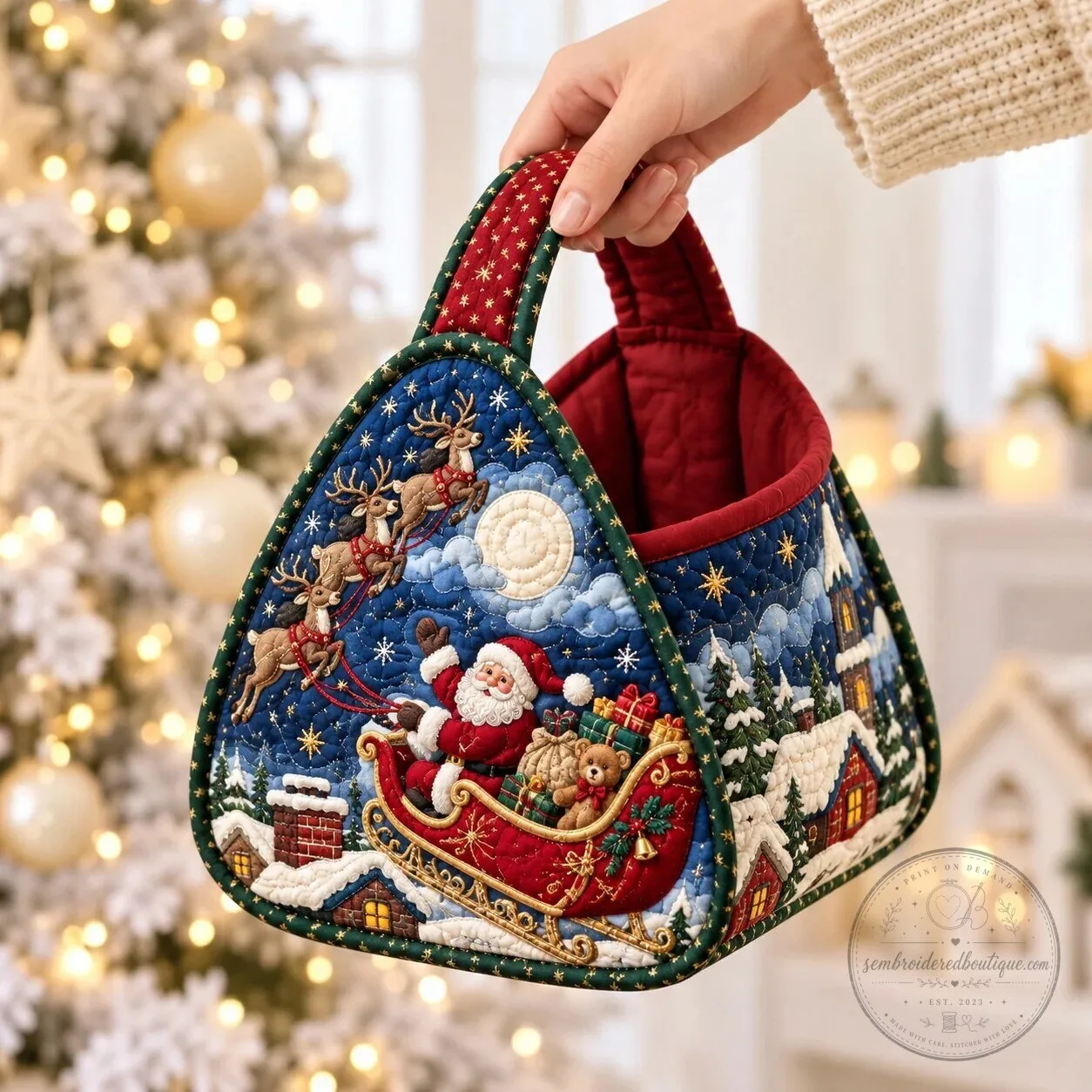 Christmas Santa Claus Sleigh Reindeer Quilted Fabric Basket