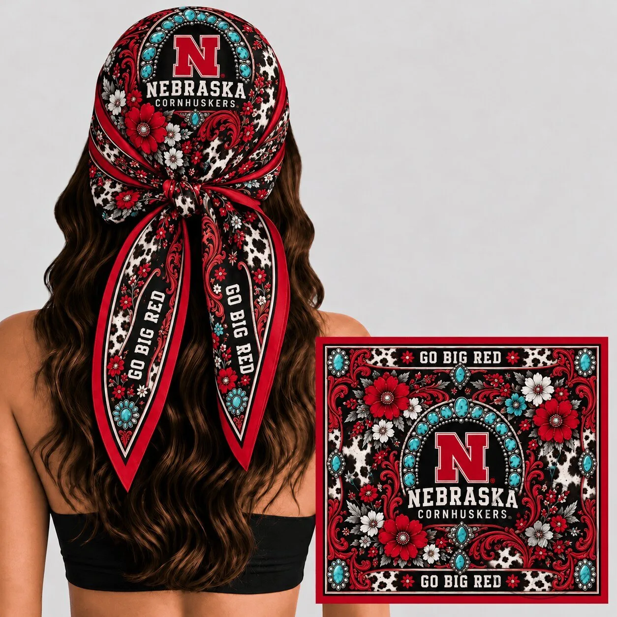 Nebraska Cornhuskers Go Big Red Western Boho Floral Bandana Scarf