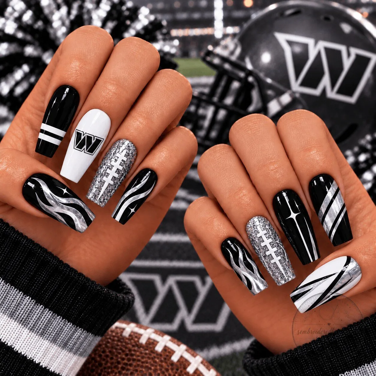 Washington Commanders Black Silver Chrome Football Game Day Press-On Nails Set