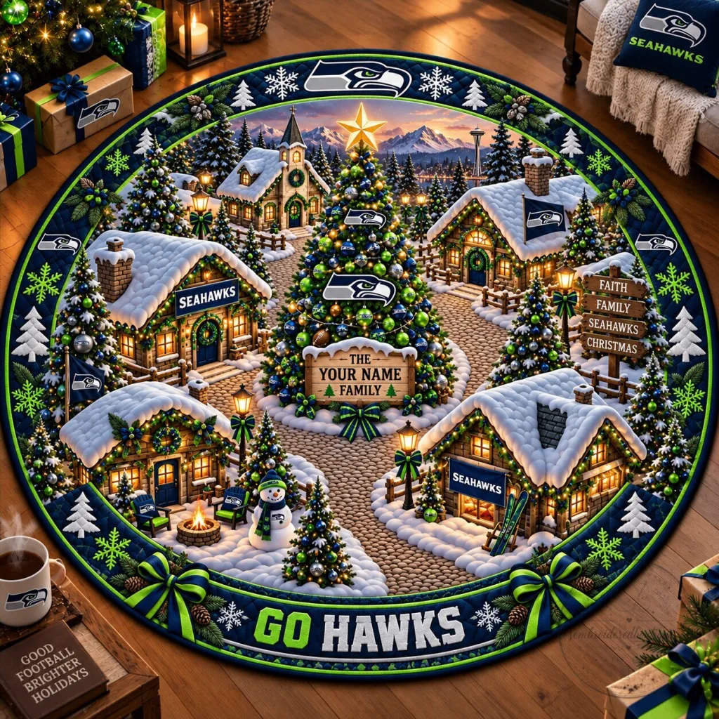 Seattle Seahawks Personalized Christmas Village Round Rug - Custom Family Holiday Decor Seattle Seahawks Personalized Christmas Village Round Rug - Custom Family Holiday Decor
