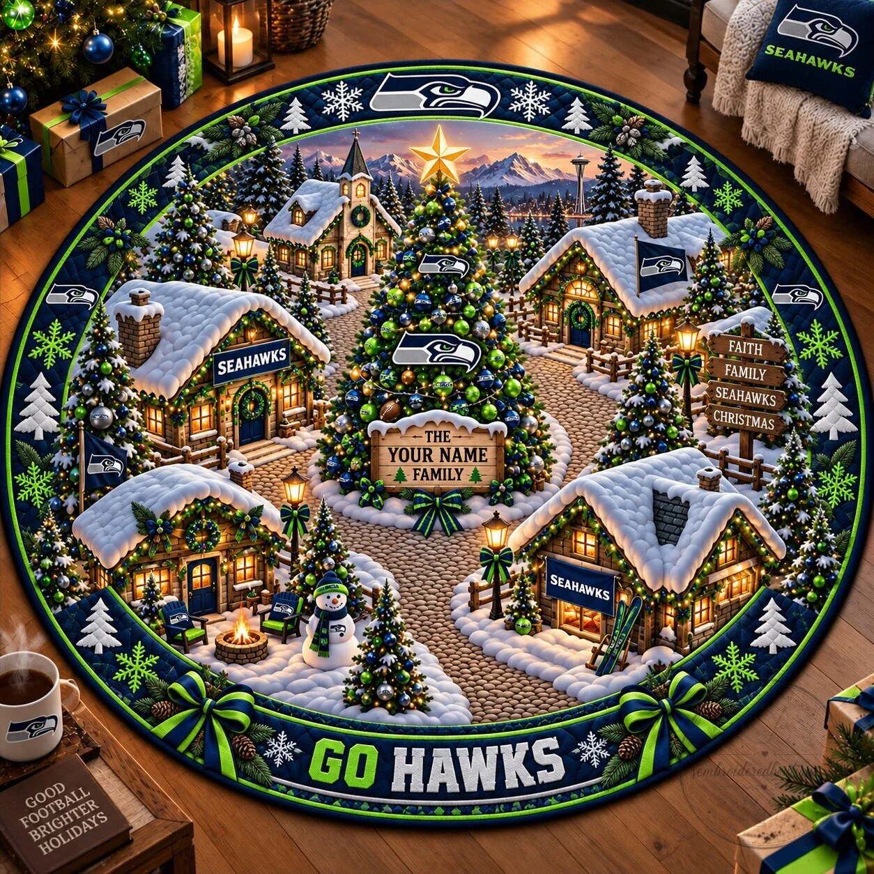 Seattle Seahawks Personalized Christmas Village Round Rug - Custom Family Holiday Decor 1 Seattle Seahawks Personalized Christmas Village Round Rug - Custom Family Holiday Decor
