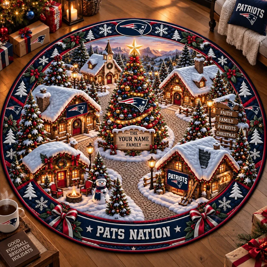 New England Patriots Christmas Village Personalized Round Rug New England Patriots Christmas Village Personalized Round Rug