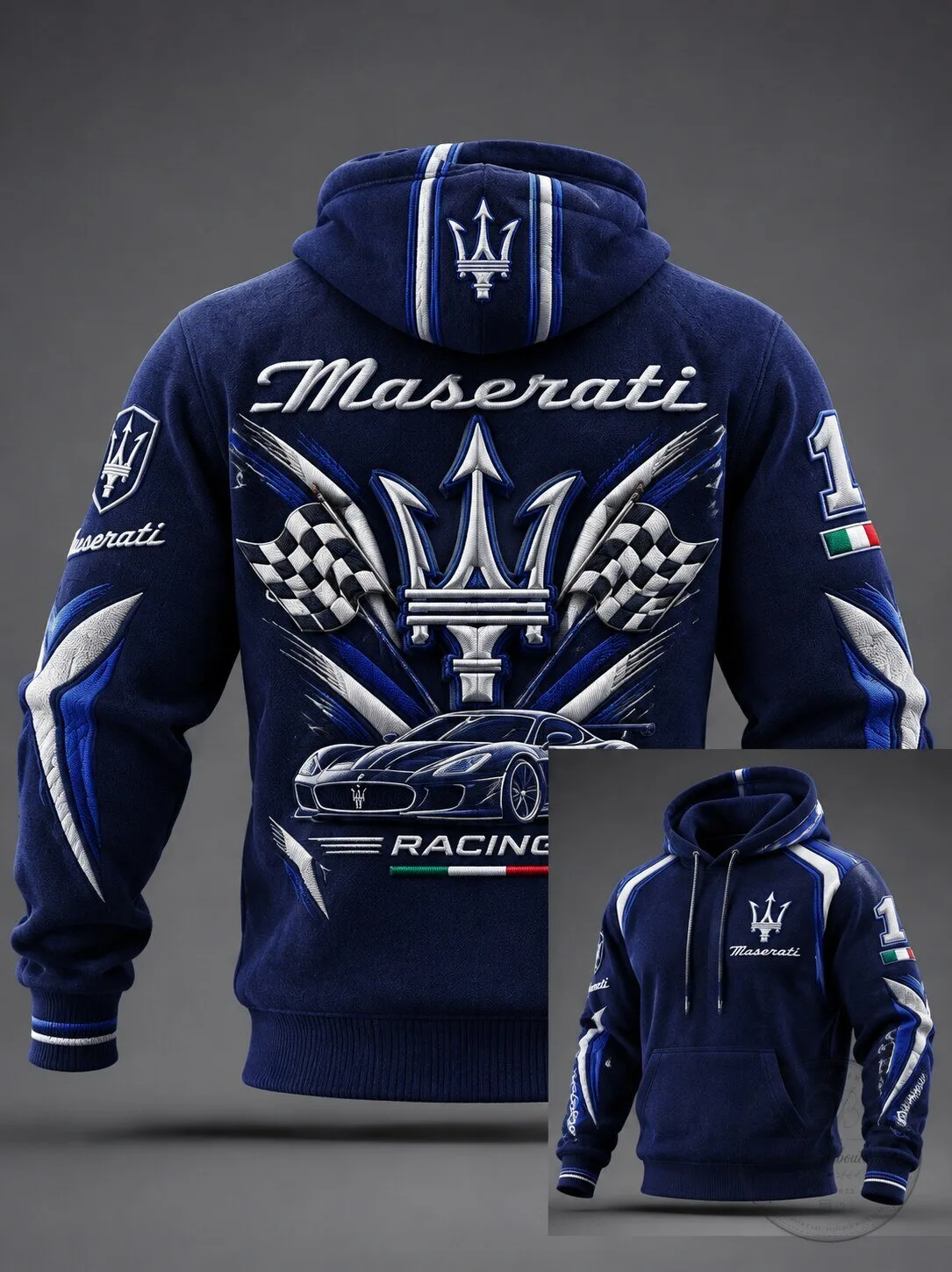 Maserati Racing Sports Car Trident Logo Navy Blue Hoodie