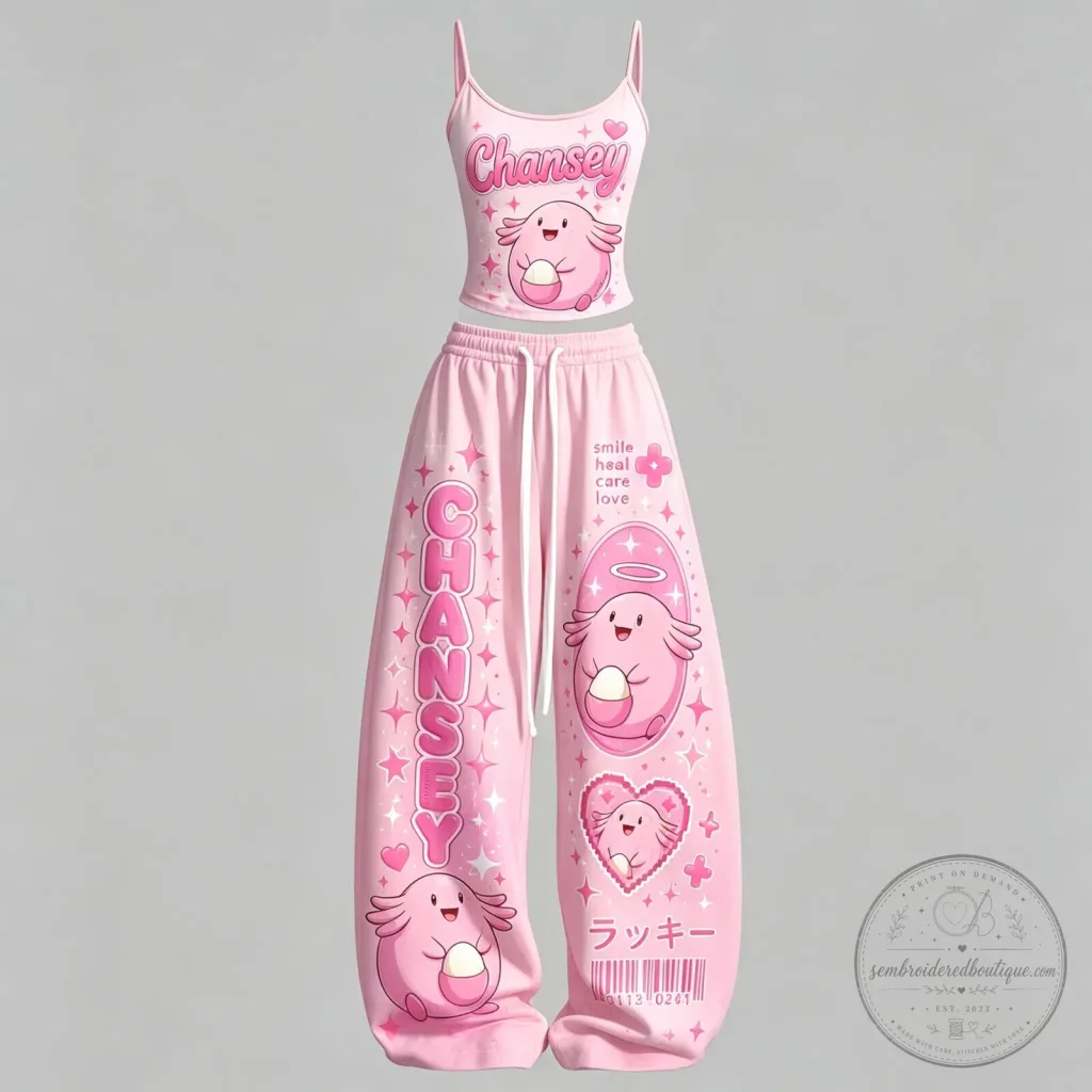 Cute Chansey Pokémon Character Pink Crop Top and Sweatpants Pajama Set Cute Chansey Pokémon Character Pink Crop Top and Sweatpants Pajama Set