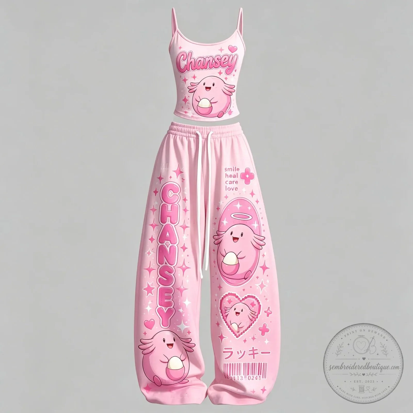 Cute Chansey Pokémon Character Pink Crop Top and Sweatpants Pajama Set