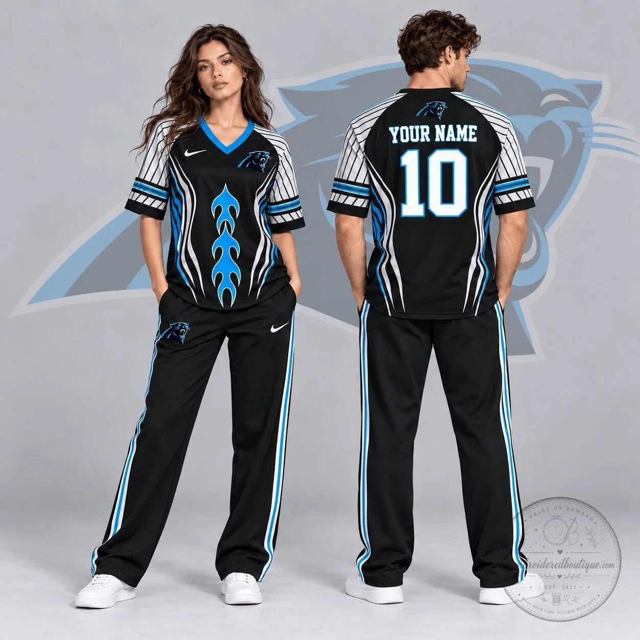 Carolina Panthers Custom Name and Number Flame Graphic V-Neck Football Jersey