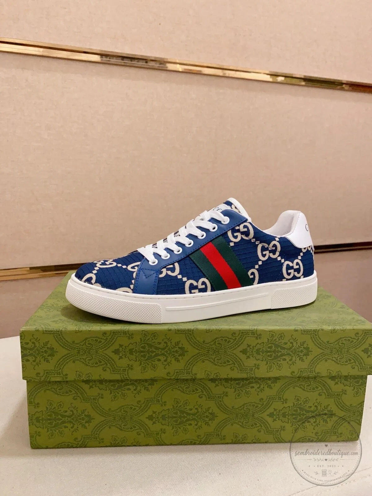 Gucci Blue Monogram Stripe Low Top Sneakers Casual Shoes 1 Gucci Blue Monogram Stripe Low Top Sneakers Casual Shoes