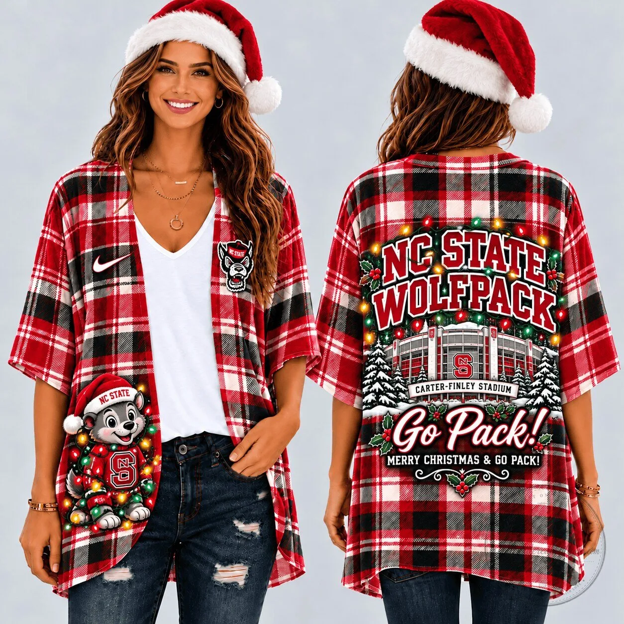 North Carolina State Wolfpack Christmas Plaid Kimono Cardigan for Women 1 North Carolina State Wolfpack Christmas Plaid Kimono Cardigan for Women