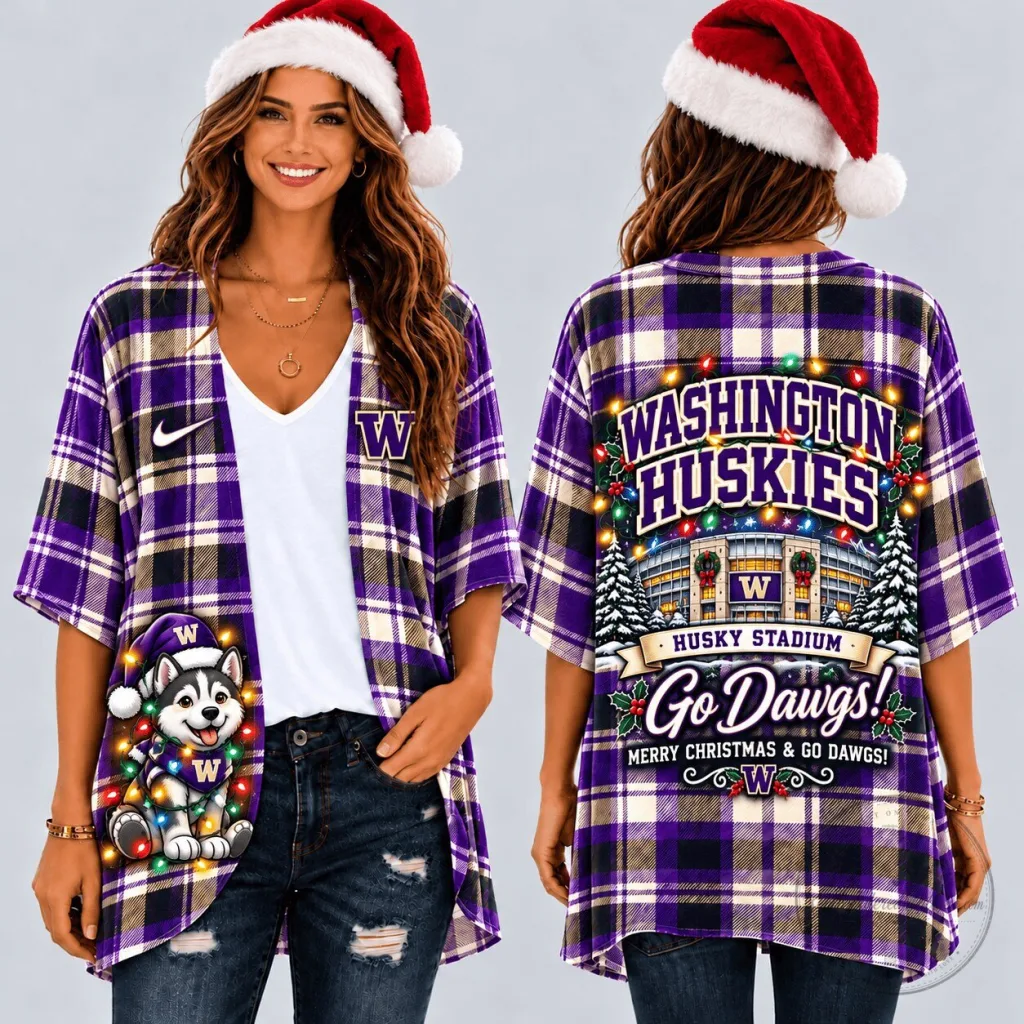 Washington Huskies Christmas Plaid Flannel Cardigan with Husky Stadium Design Washington Huskies Christmas Plaid Flannel Cardigan with Husky Stadium Design