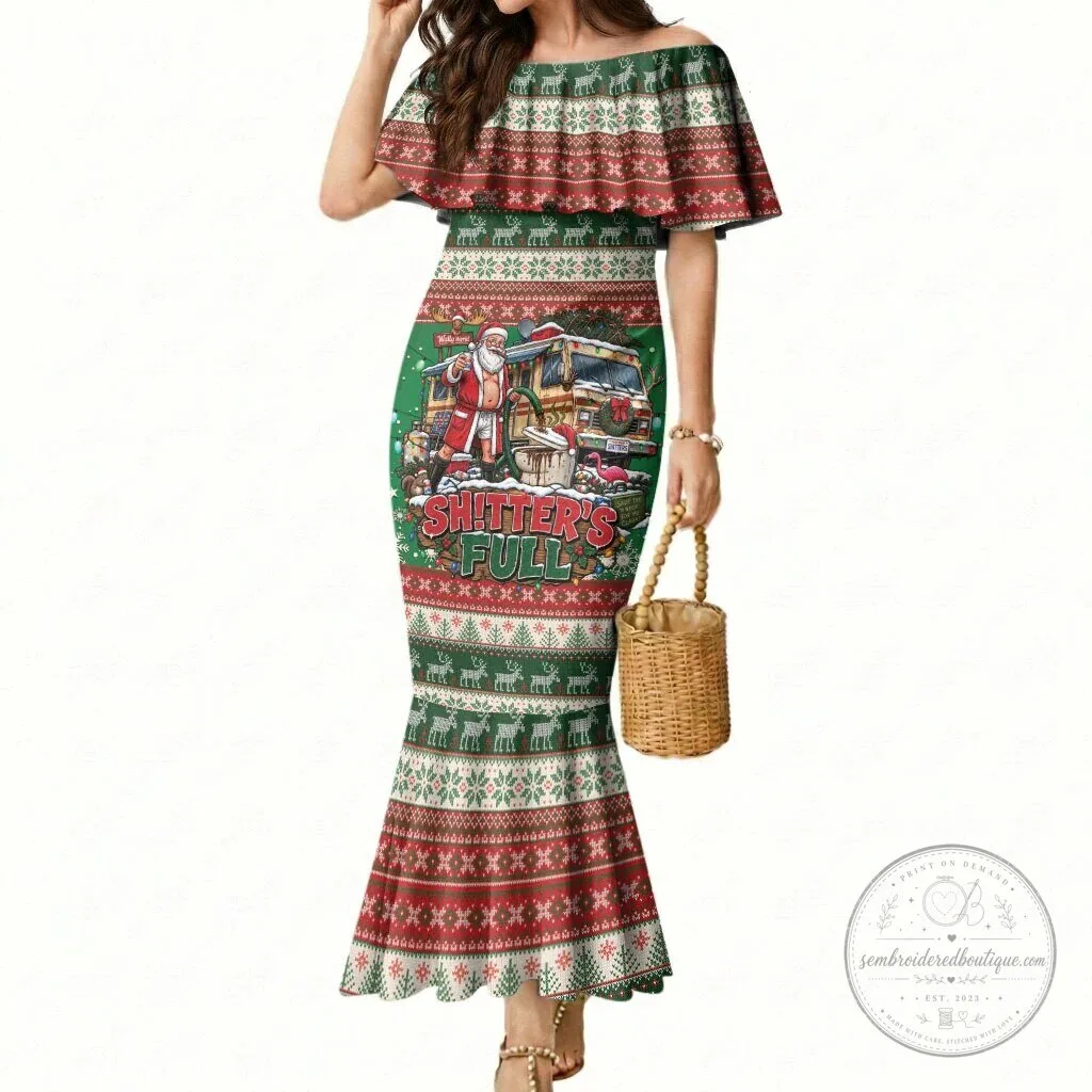 Shitter's Full Mermaid Dress Christmas Vacation Funny Off Shoulder Maxi Dress