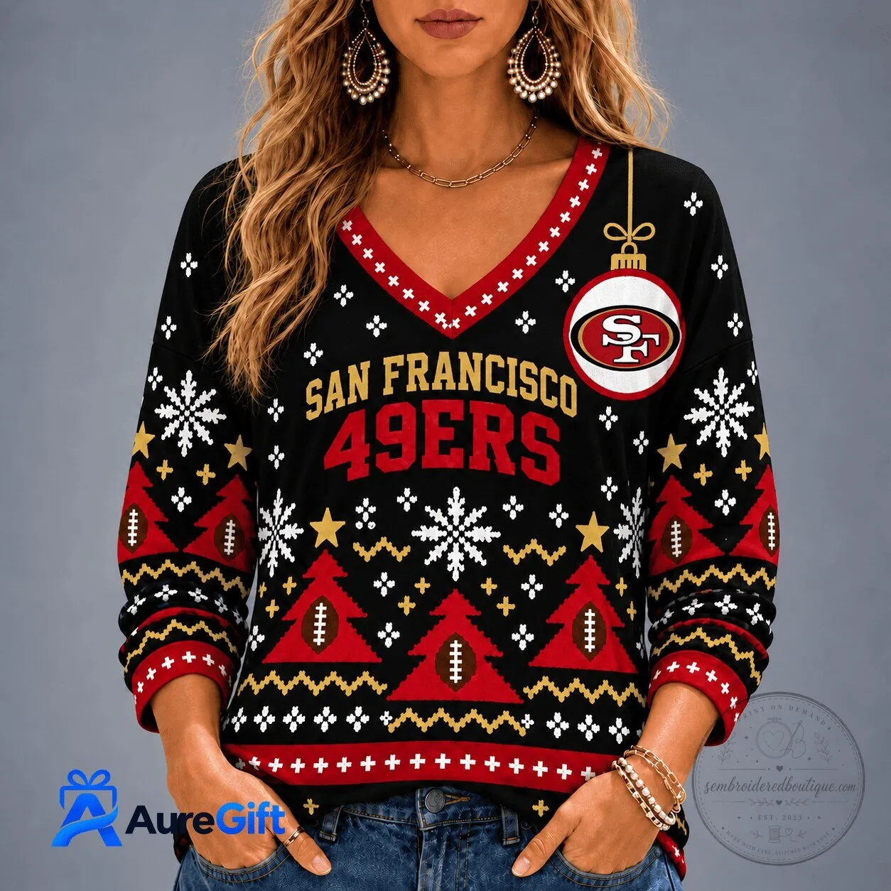 San Francisco 49ers NFL Ugly Christmas Sweater Women's V-Neck Long Sleeve