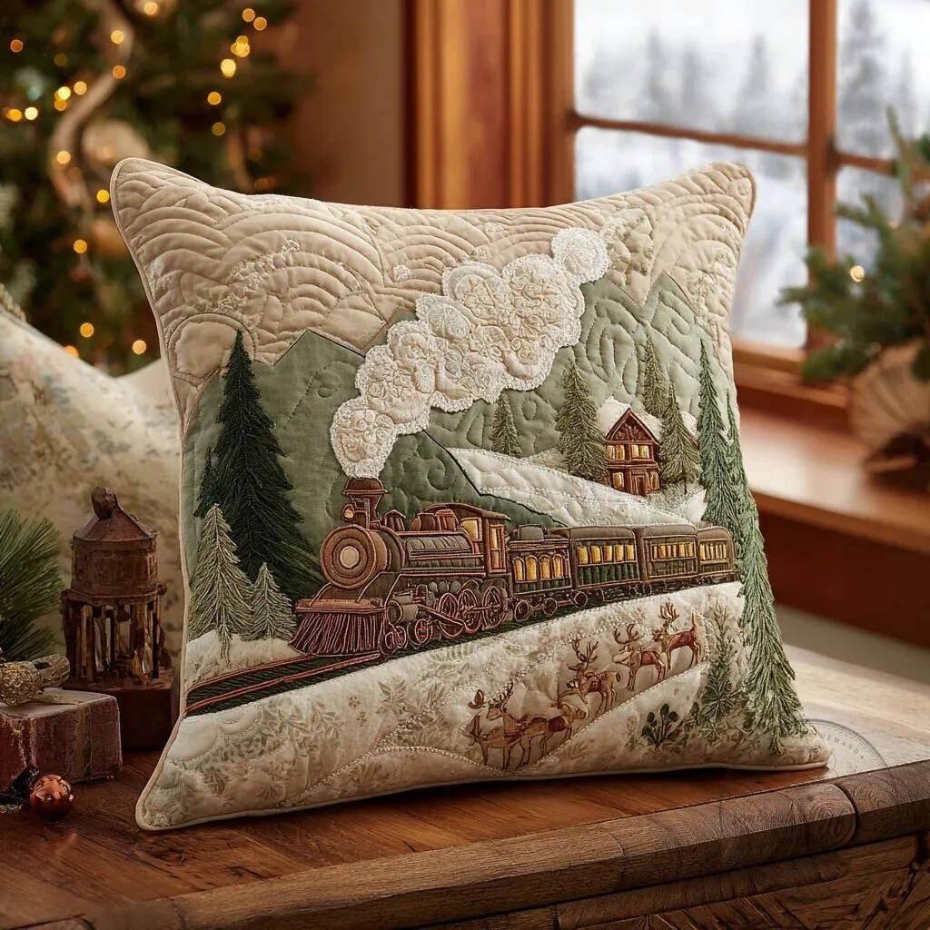 Christmas Jingle Bell Express Quilted Holiday Train Decorative Pillow