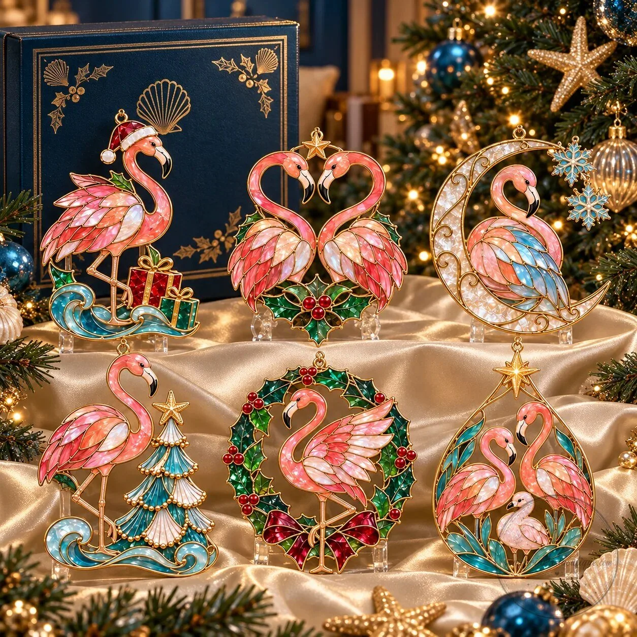 Coastal Christmas Flamingo Stained Glass Holiday Ornaments 3 Coastal Christmas Flamingo Stained Glass Holiday Ornaments