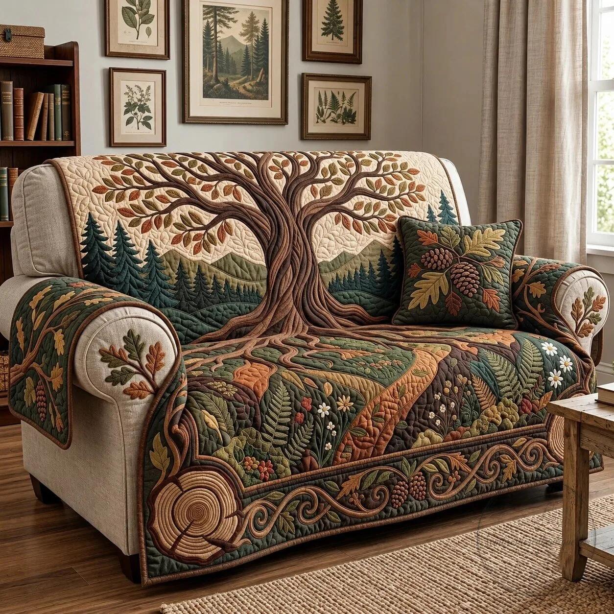 Ancient Woodland Tree Quilted Sofa Cover with Forest Landscape Design 5 Ancient Woodland Tree Quilted Sofa Cover with Forest Landscape Design