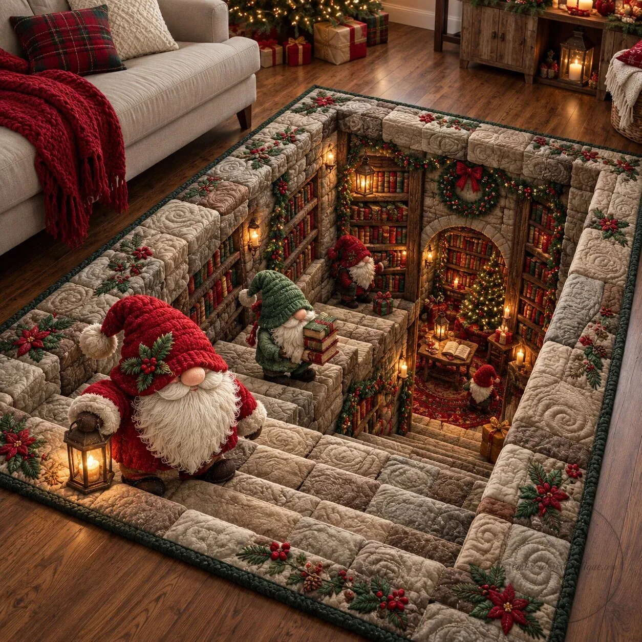 Christmas Gnome Book Nook Illusion Holiday Decorative Area Rug