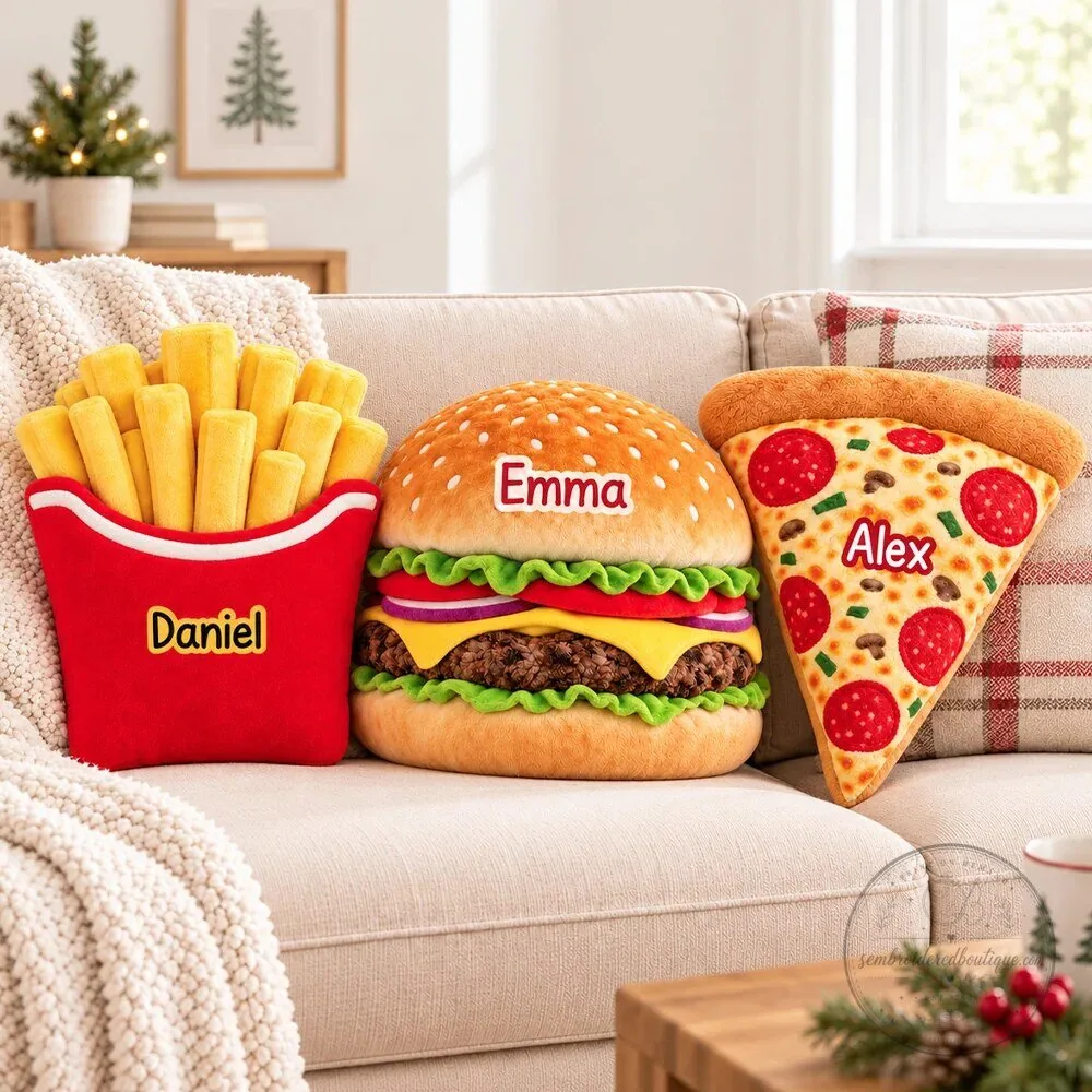 Personalized Fast Food Shaped Throw Pillow - Custom Burger French Fries Pizza Cushion