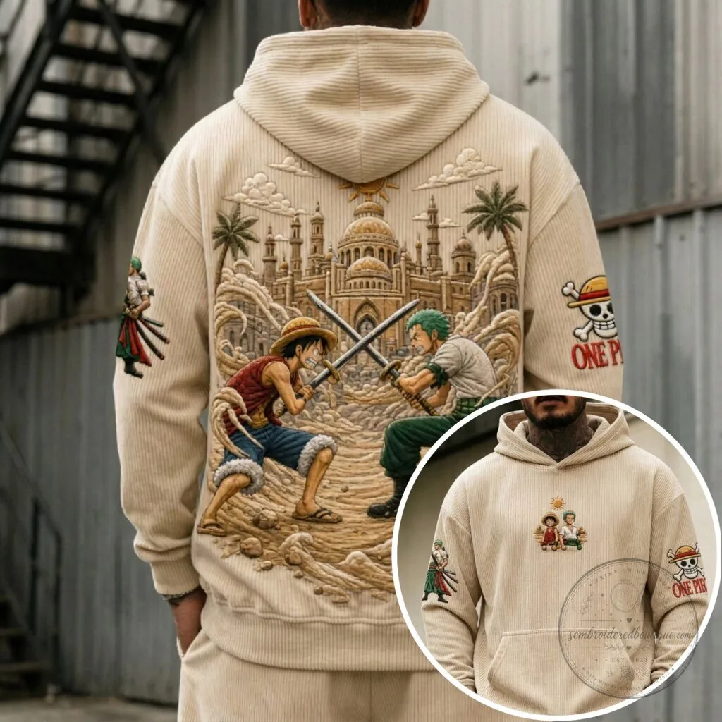 One Piece Luffy and Zoro Battle Corduroy Hoodie 2 One Piece Luffy and Zoro Battle Corduroy Hoodie