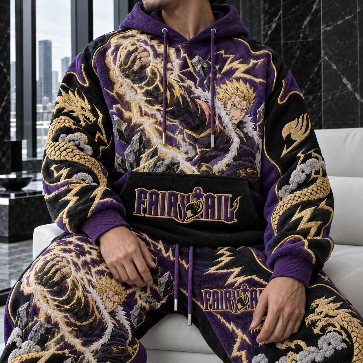 Fairy Tail Sting Eucliffe Anime Embroidered Purple Black Oversized Hoodie