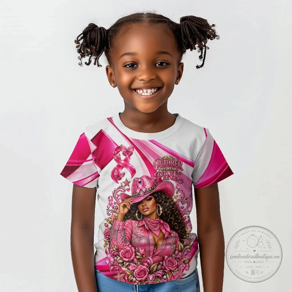 Western Wear Cowgirl Breast Cancer Awareness Kids Pink Ribbon T-Shirt