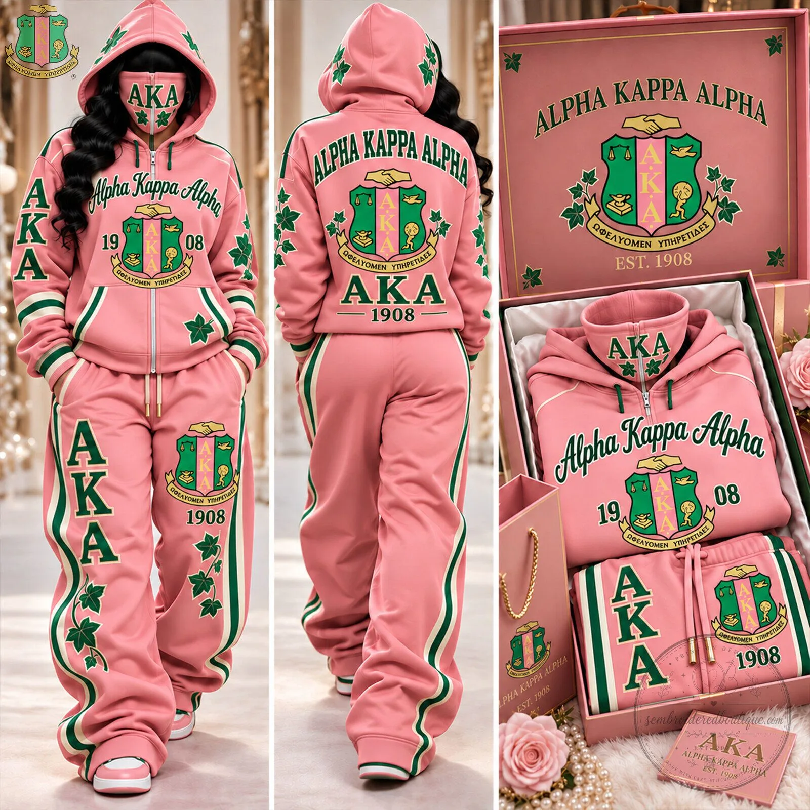 Alpha Kappa Alpha Sorority Pink and Green Tracksuit Hoodie and Joggers Set