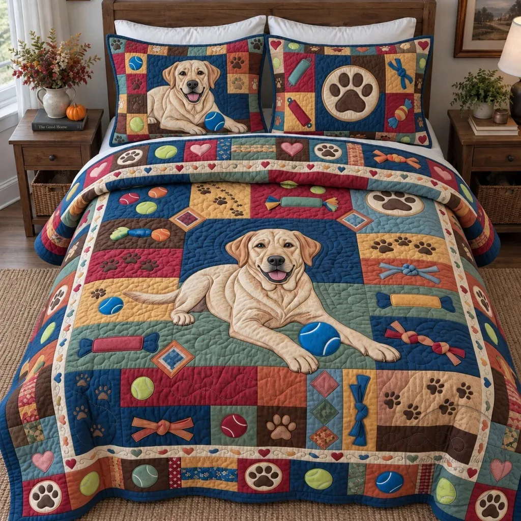Labrador Retriever Dog Favorite Toy Box Patchwork Quilted Bedding Set Labrador Retriever Dog Favorite Toy Box Patchwork Quilted Bedding Set