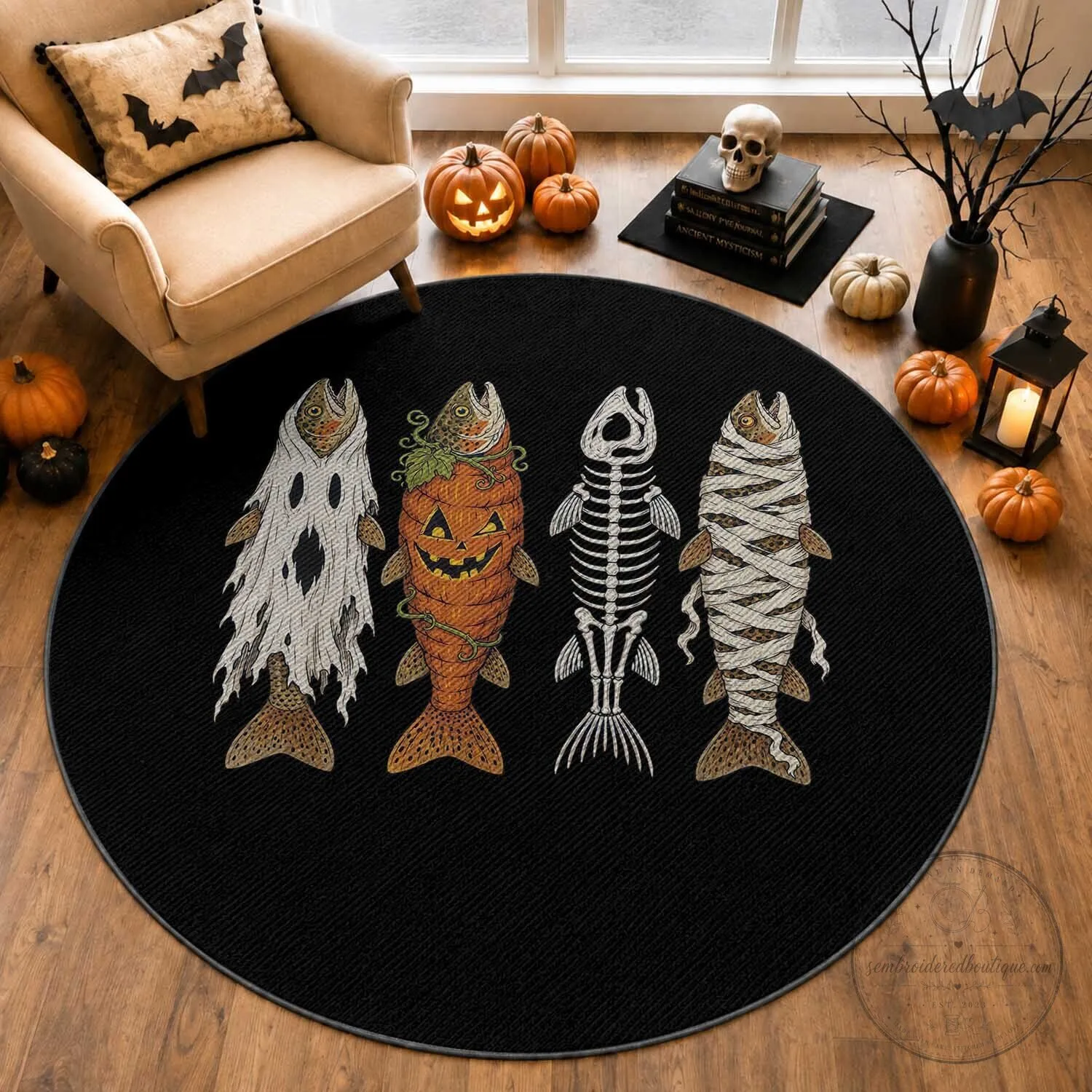 Halloween Fish Ghost Skeleton Pumpkin Mummy Angler Graphic Round Rug Funny Spooky Fisherman 3 Halloween Fish Ghost Skeleton Pumpkin Mummy Angler Graphic Round Rug Funny Spooky Fisherman