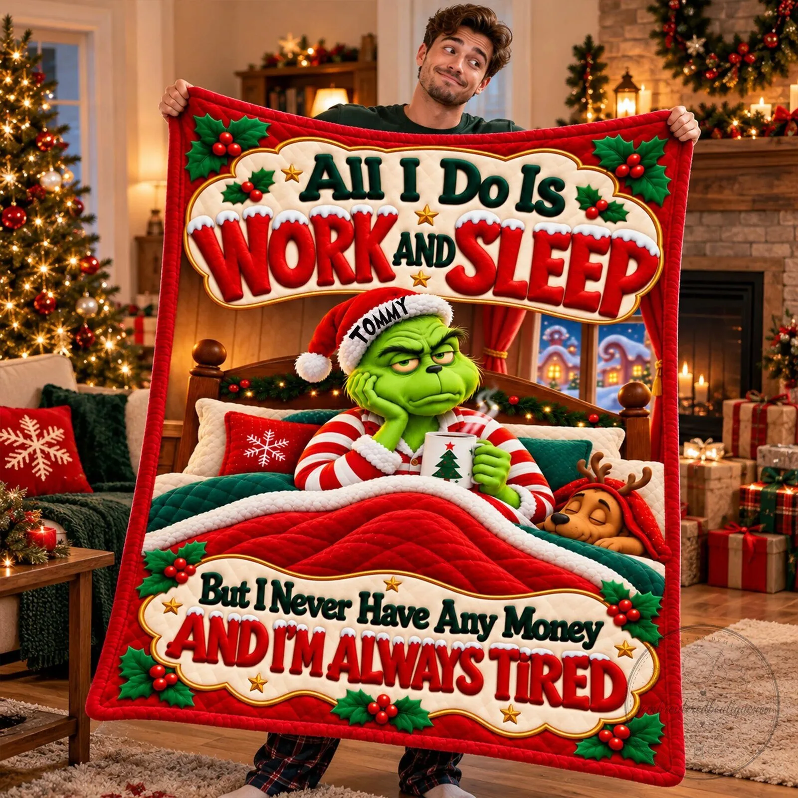 Funny Grinch All I Do Is Work And Sleep Christmas Blanket