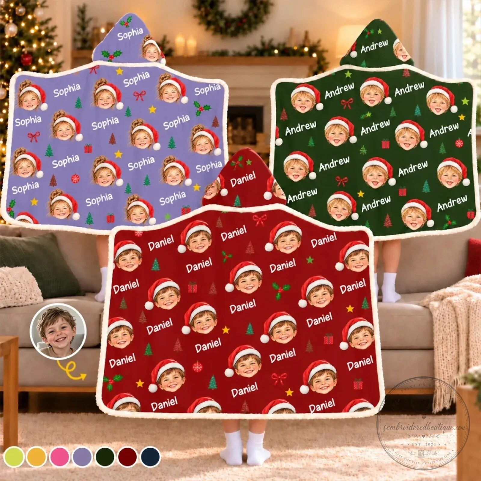 Personalized Christmas Photo Kids Wearable Hooded Blanket with Custom Name 6 Personalized Christmas Photo Kids Wearable Hooded Blanket with Custom Name